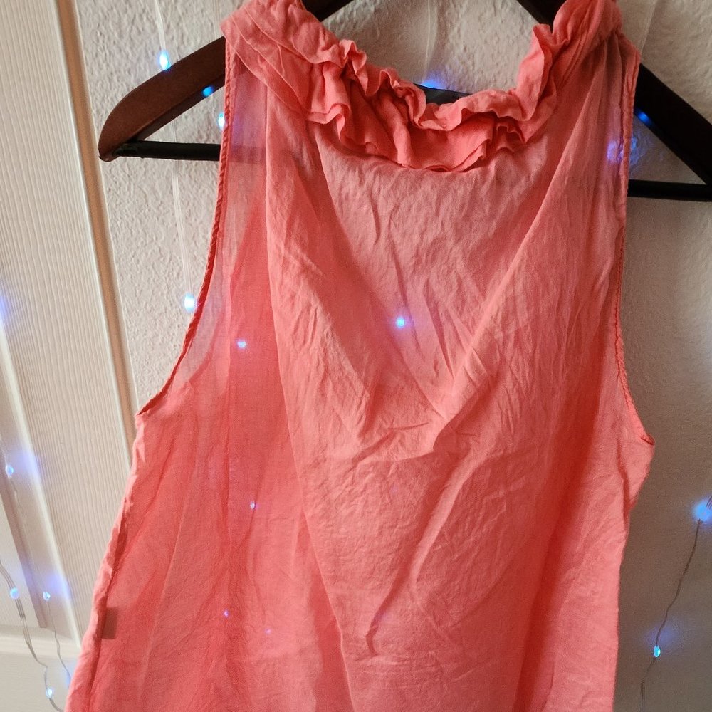 Zara Basic M Sleeveless Pink Blouse 100% Sheer Cotton with Ruffle Neckline
